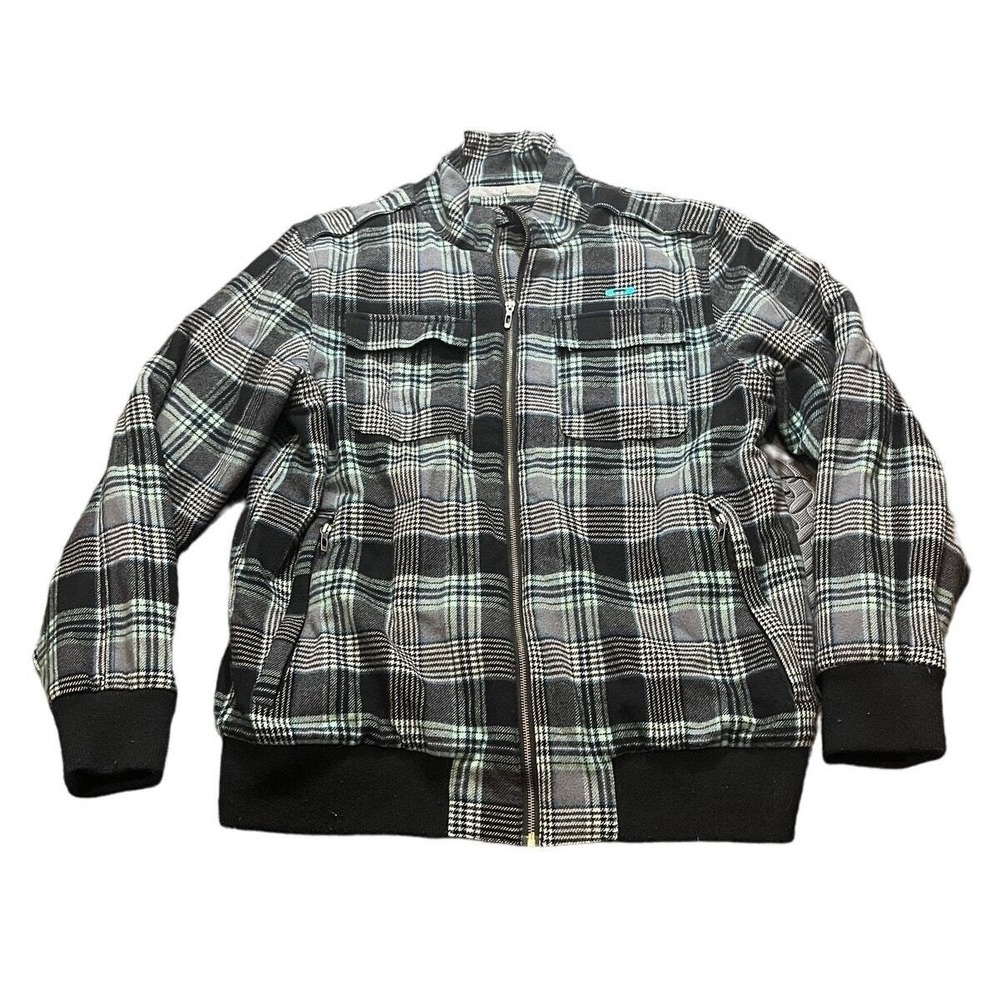 Oakley Plaid Bomber Jacket Mens XL Black Gray Blue Full Zip Flannel Utility